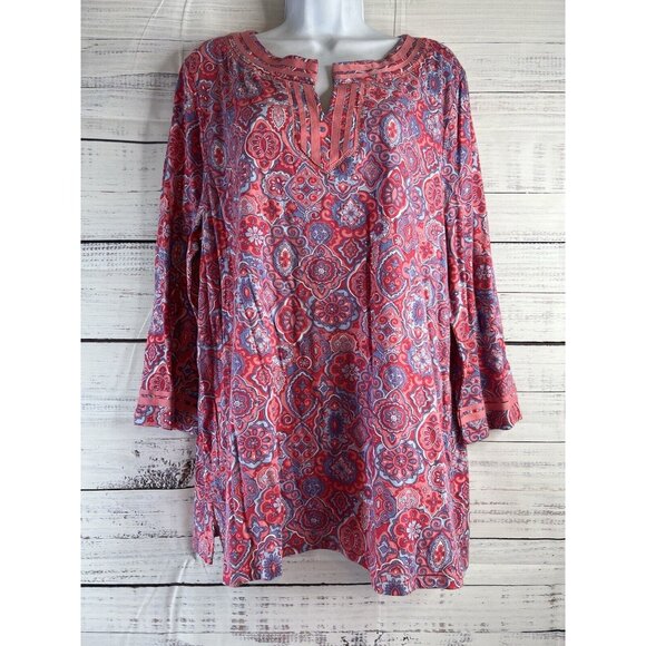 Talbots Tops - Talbots NEW Tunic Blouse PINK Geometric Long Bell Sleeve Sz XL Light Peasant